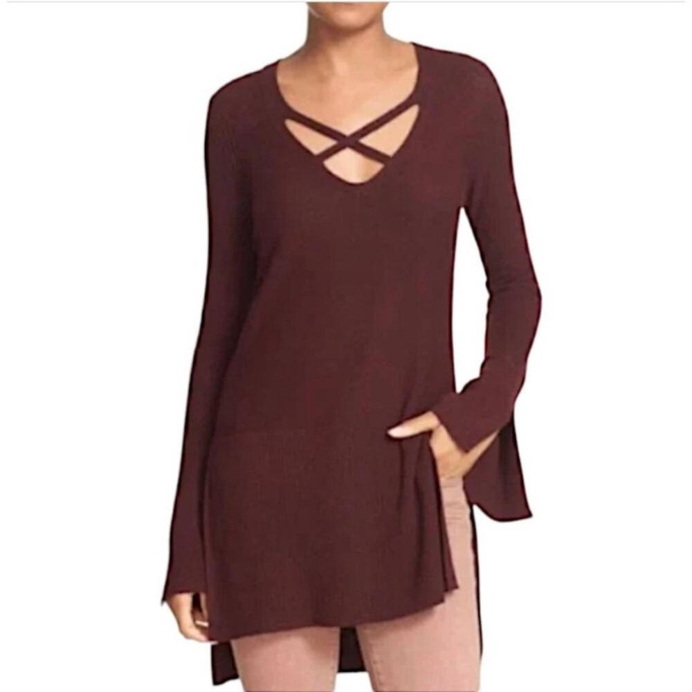 Free People Andi Tunic Long Sweater Sz XS Criss Cross Neckline Boho Burgundy